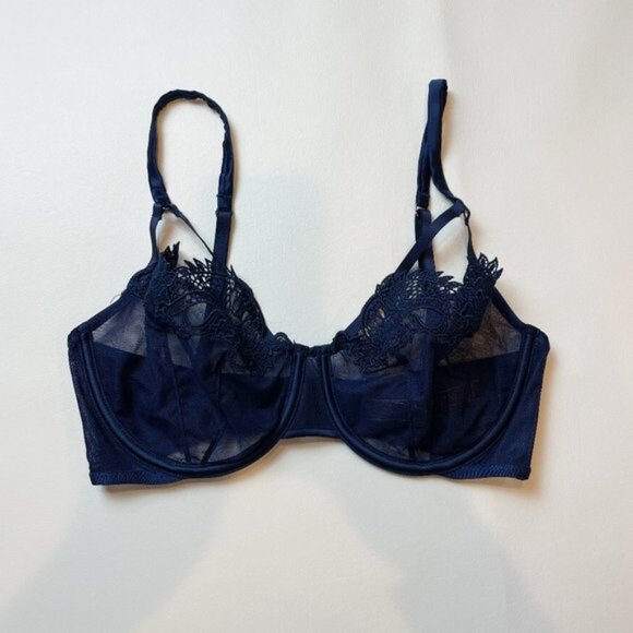 NWOT Victoria's Secret Bra 32DD Unlined Balconet Blue Mesh Lace B1460 - Picture 1 of 9